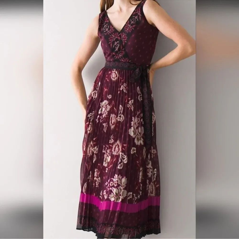 WHITE HOUSE BLACK MARKET Boho Patchwork Pleated Midi Dress Burgundy Floral *NEW*